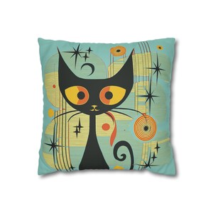 Mid-Century Modern Atomic Cat Double sided Pillow Case, Retro Black Cat Pillow Case, MCM cat Faux Suede Square Pillow Case, retro 60s decor image 3
