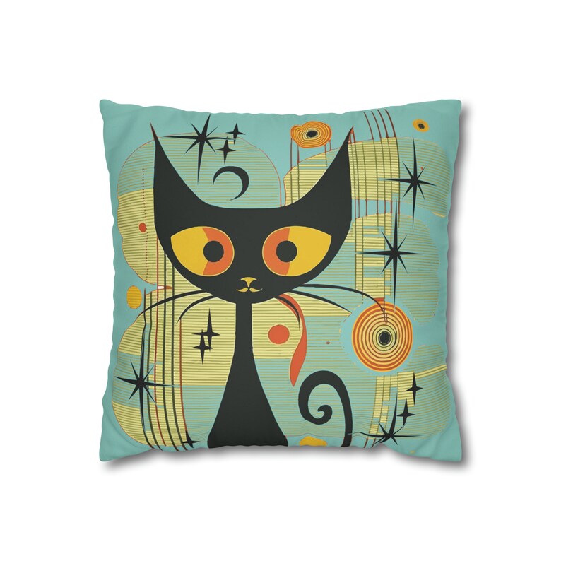 Mid-Century Modern Atomic Cat Double sided Pillow Case, Retro Black Cat Pillow Case, MCM cat Faux Suede Square Pillow Case, retro 60s decor image 3