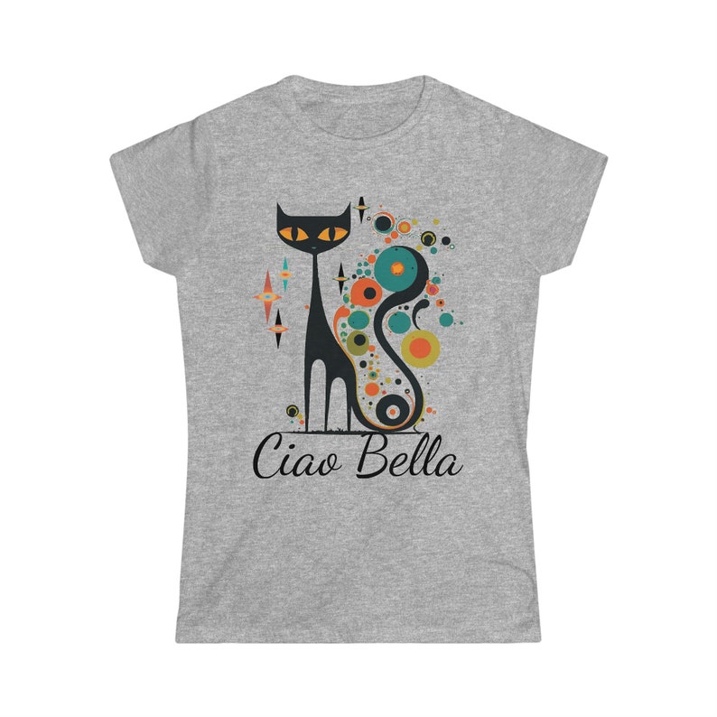 Mid Century Modern Atomic Cat tshirt, Ciao Bella, Hello Beautiful, MCM Black Cat Retro Clothing, Woman's Softstyle retro tee, Mid mod Cat image 5