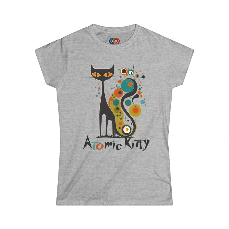 Maglietta Atomic Cat moderna di metà secolo, Atomic Kitty, abbigliamento retrò vintage MCM Black Cat, maglietta retrò Softstyle da donna, gattino mod metà anni ’60 immagine 3
