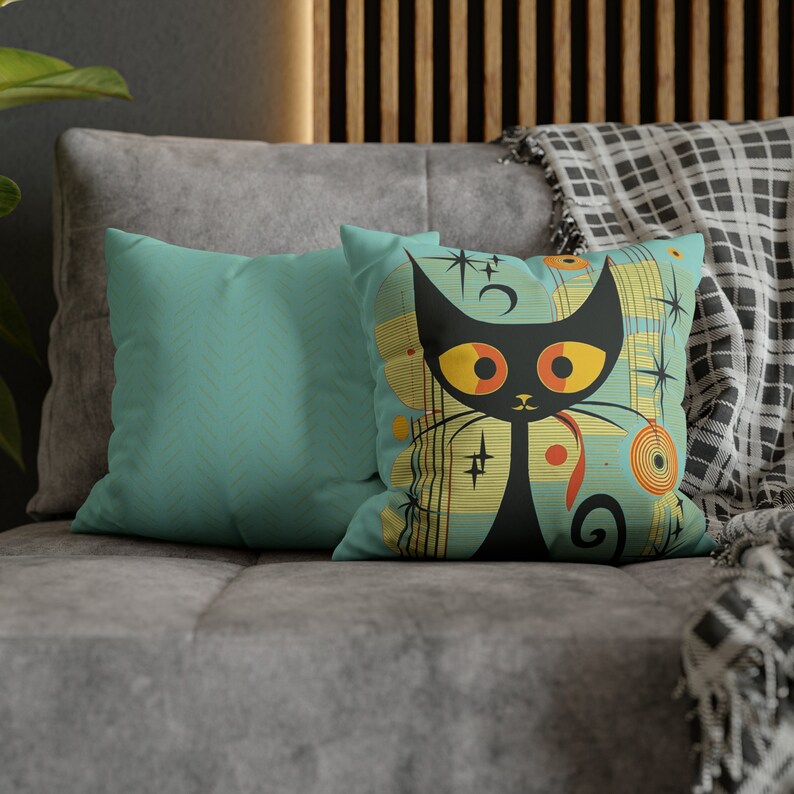 Mid-Century Modern Atomic Cat Double sided Pillow Case, Retro Black Cat Pillow Case, MCM cat Faux Suede Square Pillow Case, retro 60s decor image 2