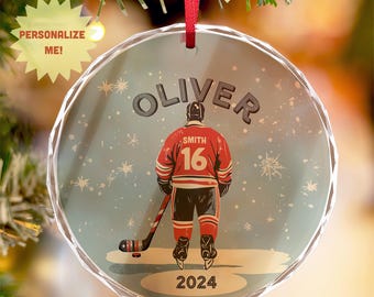 Hockey Player Ornament, Custom Crystal Glass Hockey Ornament, Personalized Jersey Christmas Gift, Sport Fan Decor, Name & Number Ornament,