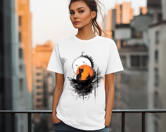Mystical Black Cat Moon T-Shirt,  Halloween Fall Shirt, Unique Art Deco Graphic Tee for Cat Lovers, Midcentury Unisex Tee, Cat Lady