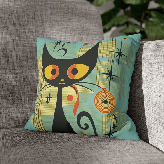 Mid-Century Modern Atomic Cat Double sided Pillow Case, Retro Black Cat Pillow Case, MCM cat Faux Suede Square Pillow Case, retro 60s  decor