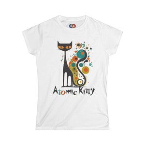 ミッドセンチュリーモダンアトミックキャットTシャツ、アトミックキティ、ヴィンテージMCMブラックキャットレトロ服、レディースソフトスタイルレトロTシャツ、60年代ミッドモッドキティ