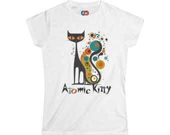 Mid Century Modern Atomic Cat tshirt, Atomic Kitty, Vintage MCM Black Cat Retro Clothing, Woman's Softstyle retro tee, 60s Mid mod Kitten