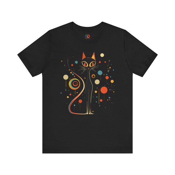 Mid Century Modern Atomic Cat tshirt, Atomic Era Black Cat tee, 1960s Retro Clothing, Mid mod Cat Tshirt Cute Halloween Black Kitten