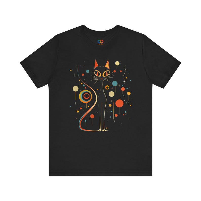 Mid Century Modern Atomic Cat tshirt, Atomic Era Black Cat tee, 1960s Retro Clothing, Mid mod Cat Tshirt Cute Halloween Black Kitten image 1