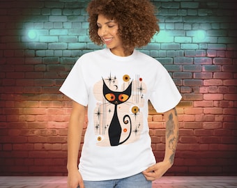 Mid Century Modern Atomic Cat Tee - Retro Black Cat Shirt for Everyday Wear- MCM Cat Lover Gift - Retro Black MOD Cat Shirt-Heavy Cotton Tee
