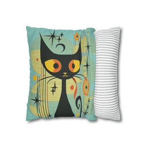 Mid-Century Modern Atomic Cat Double sided Pillow Case, Retro Black Cat Pillow Case, MCM cat Faux Suede Square Pillow Case, retro 60s decor image 4