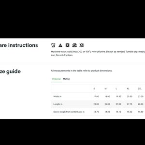 May include: A white document with care instructions and a size guide for a garment. The size guide shows measurements in inches for width, length, and sleeve length, ranging from S to 3XL.