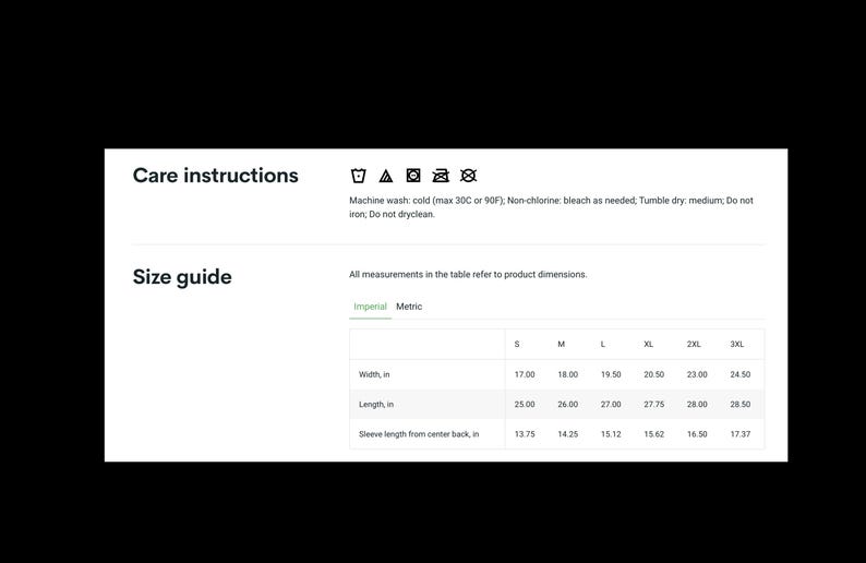 May include: A white document with care instructions and a size guide for a garment. The size guide shows measurements in inches for width, length, and sleeve length, ranging from S to 3XL.