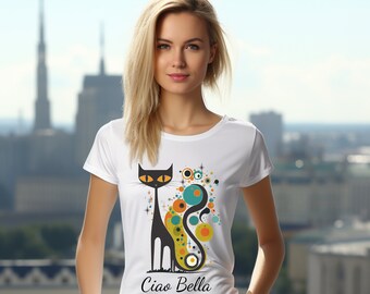 Maglietta Mid Century Modern Atomic Cat, Ciao Bella, Ciao Bella, MCM Black Cat Retro Clothing, T-shirt retrò Softstyle da donna, Mid mod Cat