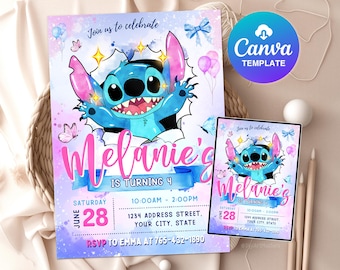 d'invitation de fête d'anniversaire de Stitch | Dessin animé modifiable Bday Evite et design amusant sur toile pour fête d'enfants, téléchargement immédiat