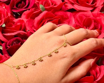 Jasmine Gold Ball Hand Chain Bracelet – Dainty 18k Gold Plated Mini Round Charm Hand Chain Bracelet, Everyday Jewellery