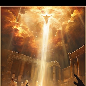 May include: A painting depicting Jesus Christ ascending to heaven with a bright light shining down on a crowd of people. The text reads "Behold my beloved Son, in whom I am well pleased, in whom I have glorified my name-hear ye him." 3 Nephi 11:7