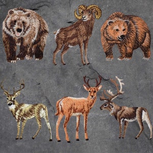 May include: A collection of embroidered animal patches featuring a brown bear, a brown and white ram, a brown bear, a brown and white deer, a brown and white deer, and a brown and white reindeer.