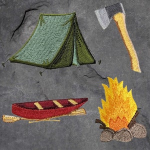 Camping Patch Set - Tent, Axe, Canoe, Campfire, Camp, Outdoors (Iron On)
