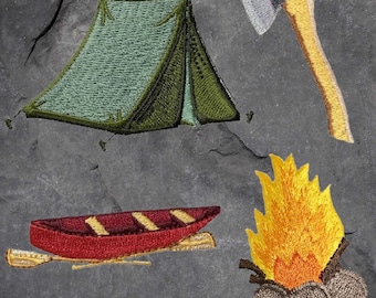 Camping Patch Set - Tent, Axe, Canoe, Campfire, Camp, Outdoors (Iron On)
