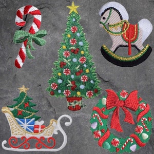 Christmas Patch Set - Candy Cane, Rocking Horse, Sleigh, Wreath, Christmas Tree (Iron On)