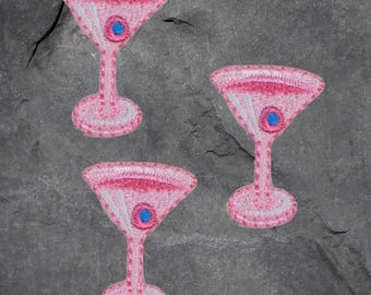 Martini Aufnäher Set - 3er Pack, Pink, Cocktail, Olive, Alkohol, Applikation (Eisen auf)