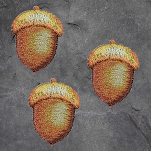 May include: Three embroidered acorn patches. Each patch has a detailed design with a brown body, a yellow-orange centre, and a yellow and white cap. The patches are set against a textured grey background.
