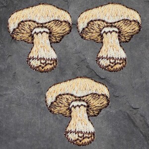 May include: Three embroidered mushroom patches. Each patch features a beige cap with a white and brown trim, a white stem, and a brown base. The patches are arranged on a dark gray background.