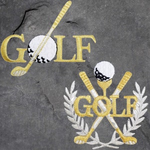 Könnte beinhalten: Zwei gestickte Patches mit dem Wort "GOLF" in goldenen Buchstaben. Der obere Patch zeigt einen Golfschläger und einen weißen Golfball. Der untere Patch zeigt zwei gekreuzte Golfschläger, einen Golfball und einen Kranz aus Blättern.