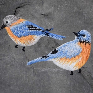 May include: Two embroidered bluebirds with orange chests and gray heads are depicted on a textured gray background. The birds have black beaks and legs, and their wings feature black and white detailing. The birds are facing different directions.