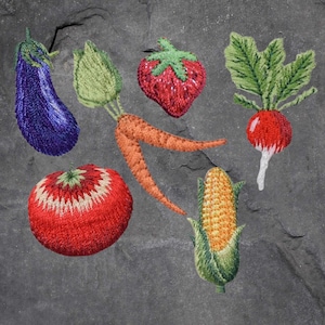 May include: Embroidered felt applique of various fruits and vegetables, including a red strawberry, a purple eggplant, a red tomato, a yellow corn cob, a green carrot, and a red radish.