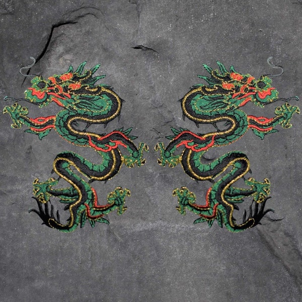 Green Dragon Patch Set - Strength, Luck, Power, Applique Badge (Iron On)