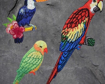 Tropical Bird Patch Set - Toucan, Macaw, Parrot, Flowers, Bird Badge (Iron On)