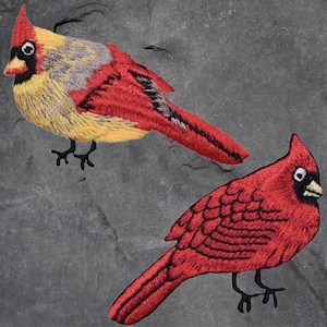 Cardinal Bird Patch Set - Female Red/Yellow Bird, Male Red Bird (Iron On)