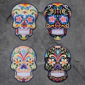 Sugar Skull Patch Set - Dia de los Muertos, Halloween Badge 2.75&quot;(Iron On 4Pack)