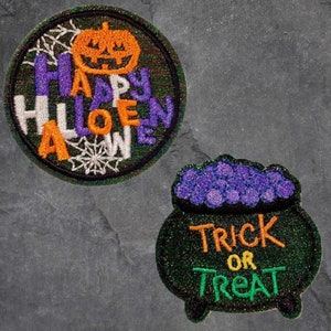 Halloween Patch Set - Trick or Treat, Jack O Lantern, Cauldron, Spider (Iron On)