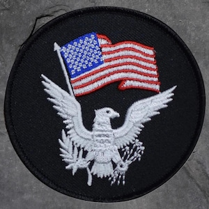 May include: Embroidered patch featuring the American flag and a white eagle with outstretched wings. The flag has red and white stripes and a blue field with white stars. The patch is circular and has a black background.