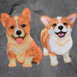 May include: Two embroidered patches of corgis, one sitting and one standing. Both are brown and white with pink noses and tongues.