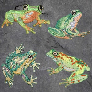 May include: Four embroidered frogs in different poses on a dark gray background. The frogs are green, brown, and yellow with orange accents.