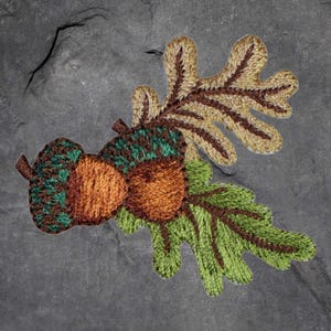 May include: Embroidered patch featuring two acorns and oak leaves. The acorns are brown and green, while the leaves are green and tan. The patch is designed with a textured, stitched appearance, perfect for fall-themed crafts.
