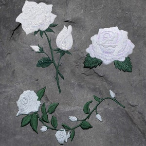 White Rose Patch Set - Flower, Stem, Bloom, Love Badge (Iron On)