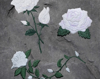 White Rose Patch Set - Flower, Stem, Bloom, Love Badge (Iron On)