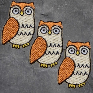 Könnte beinhalten: Drei gestickte Eulen-Patches. Jeder Patch zeigt eine Eule mit orangefarbenen Flügeln und Kopf, cremefarbenem Körper und gelben Füßen. Die Eulen haben große, runde Augen und sind vor einem grauen Hintergrund platziert.