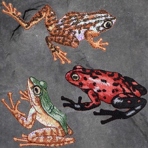 May include: Three embroidered frog patches in different colours and patterns. The first frog is brown with white spots, the second is red with black spots, and the third is green with brown spots.