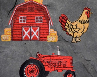 Farm Patch Set - Barn, Tractor, Chicken, Red, Country, Applique (Iron On)