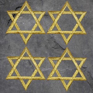 May include: Four gold-colored Star of David patches are displayed against a dark gray, textured background. Each star is intricately embroidered with a detailed, textured appearance, showcasing a traditional religious symbol.