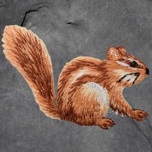 May include: Embroidered patch featuring a chipmunk in shades of brown, tan, and white. The chipmunk is depicted in a side profile, with its bushy tail extending to the left. The patch is designed to be sewn or ironed onto fabric.
