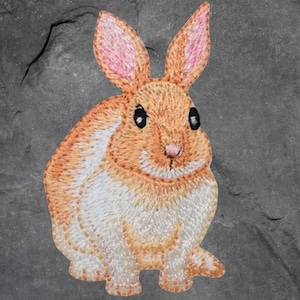 May include: Embroidered patch depicting a rabbit. The rabbit has orange and white fur, pink inner ears, and black eyes. The patch is designed to be sewn or ironed onto fabric, suitable for clothing or accessories.