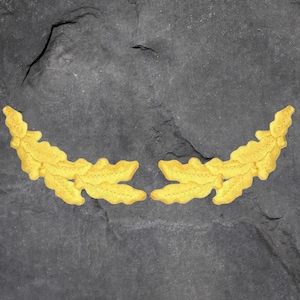 May include: Two golden-yellow laurel wreaths, each made of stylized leaves, are arranged symmetrically on a dark grey, textured surface. The wreaths have a textured pattern, suggesting a metallic or painted finish.
