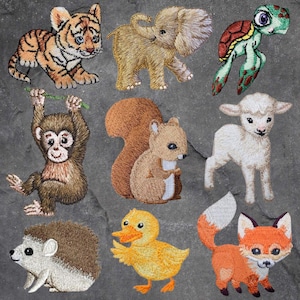 May include: A set of 10 embroidered iron-on patches featuring various animals, including a tiger, elephant, turtle, monkey, squirrel, lamb, duck, fox, and hedgehog. The patches are all in different colours and styles.