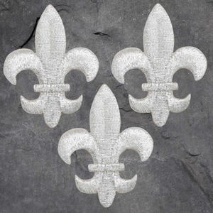May include: Three silver fleur-de-lis emblems with textured surfaces are arranged on a dark gray, textured background. The fleur-de-lis is a stylized lily, a symbol often associated with royalty and heraldry.